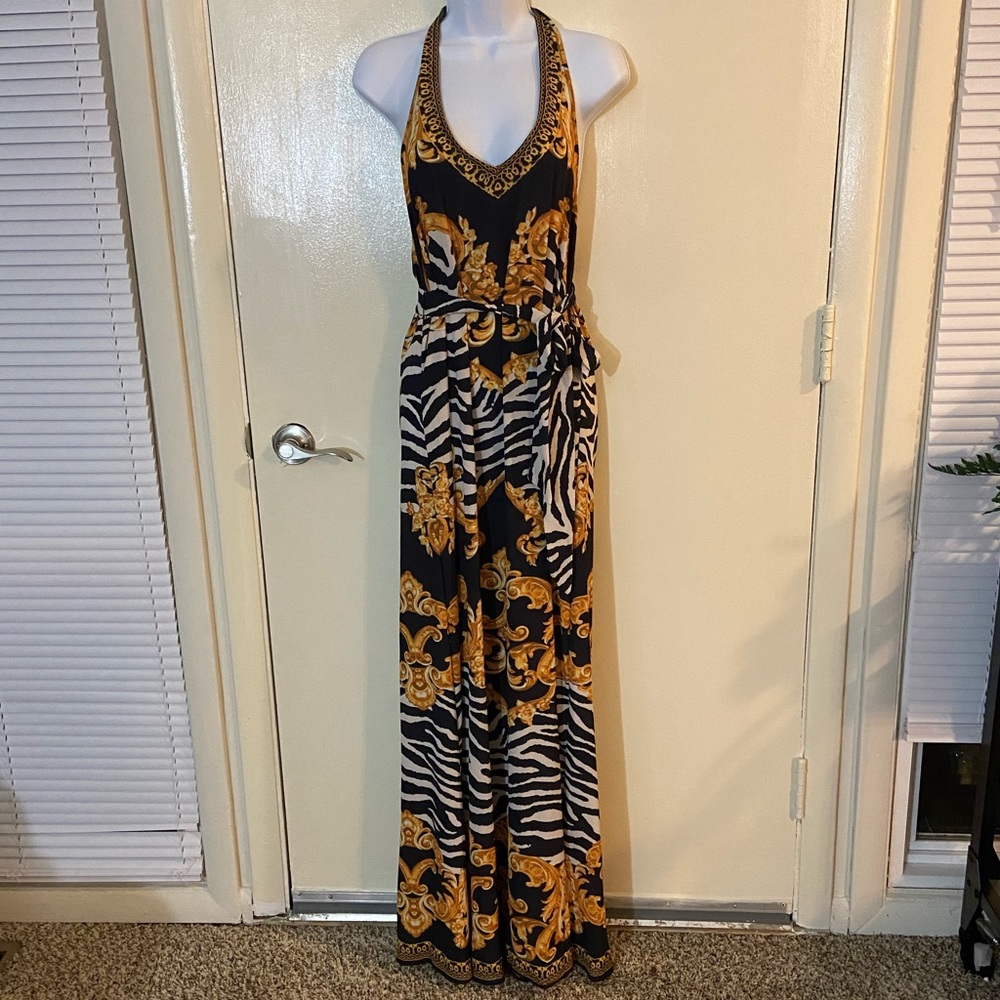 Fashion Nova Black white and gold patterned halter dress.